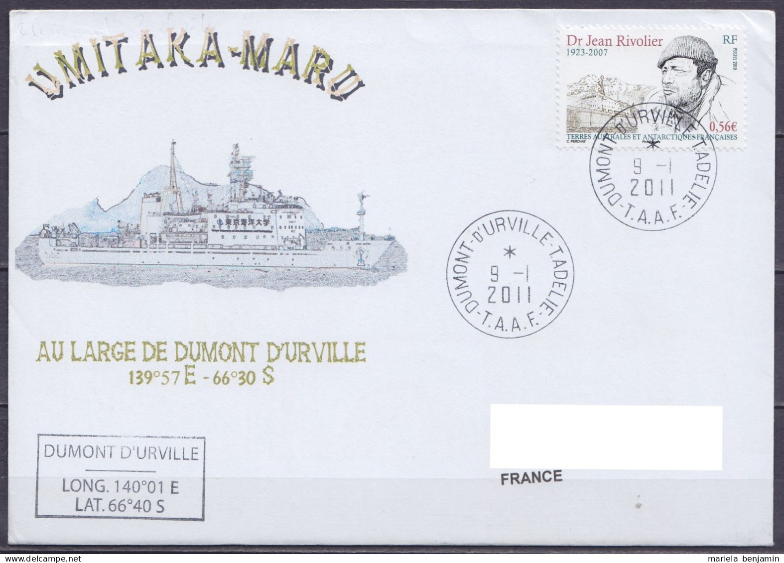 TAAF - Terre Adélie - Env. Commémorative Passage Bateau Japonais UMITAKA-MARU - Càd Dumont D'Urville 9-1-2011 // Tad566 - Covers & Documents