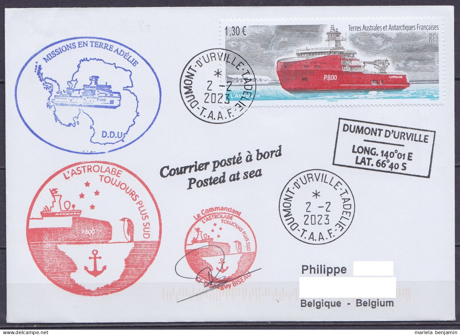 TAAF - Terre Adélie - Cachets Bateau ASTROLABE & Vaguemestre - Càd Dumont D'Urville 2-2-2023 // Tad518 - Lettres & Documents