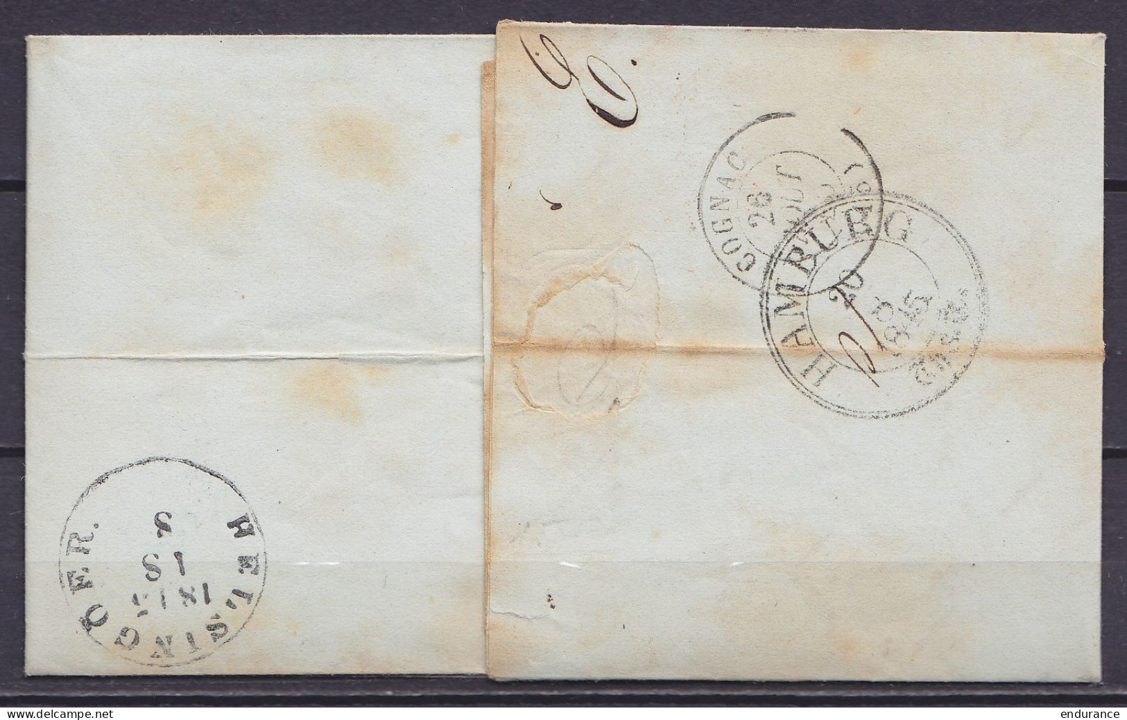 Danemark - L. Datée 17 Août 1845 De ELSENEUR Pour COGNAC - Griffe "DANEMARCK / PAR. HAMBOURG" - Càd Ambulant "? /24 AOUT - ...-1851 Prephilately