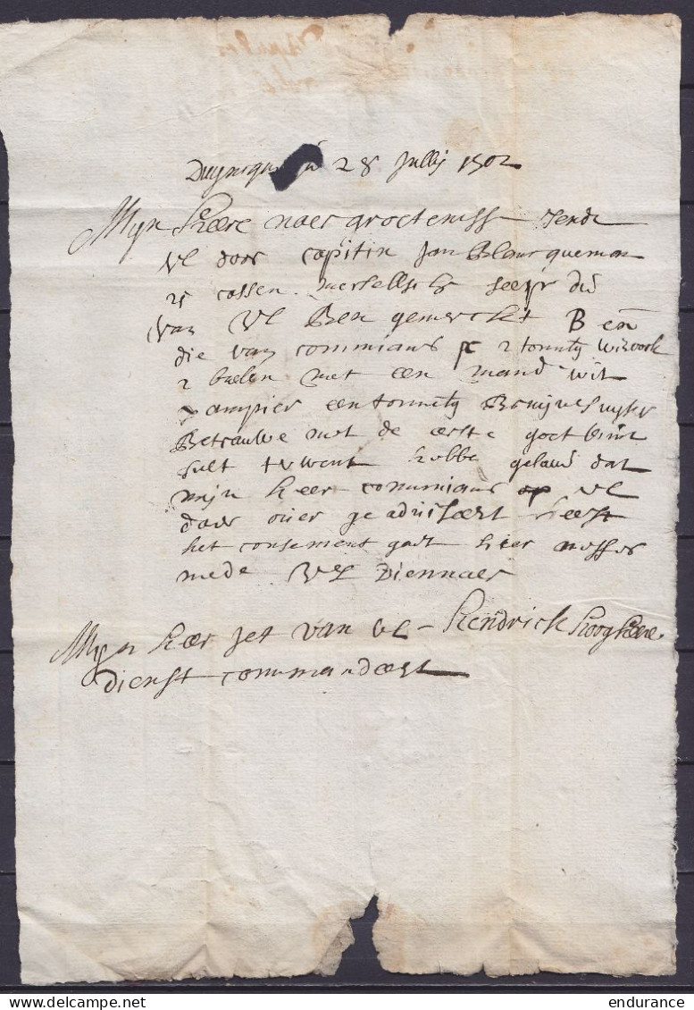 L. Datée 28 Juillet 1702 De DUYNQUERQUE (Dunkerque) Pour BRUGGE - Port "4" - Au Dos : Marque "IBI" (pourrait Concerner,  - 1621-1713 (Spaanse Nederlanden)