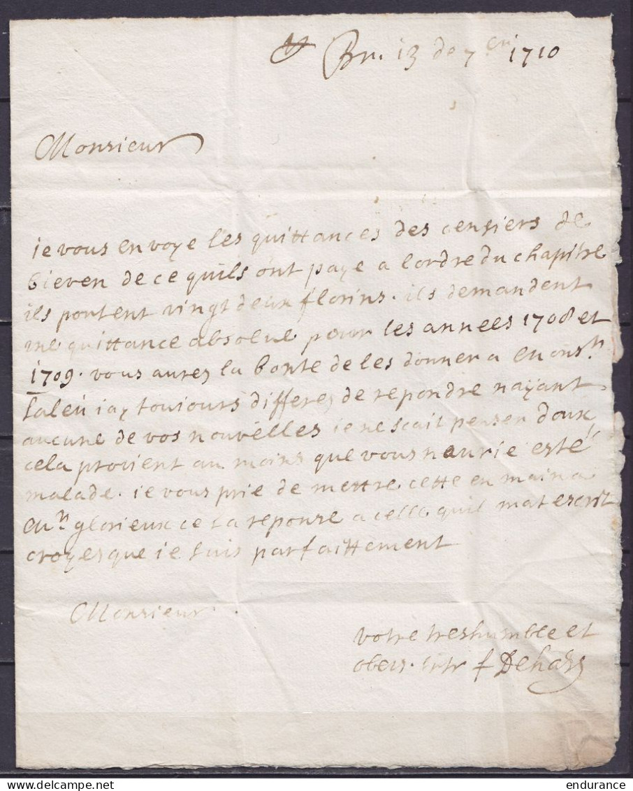 L. Datée 13 Septembre 1710 De BRUXELLES Pour CAMBRAI - Man. "Br" (= De Bruxelles) - Port "7" - Texte :censiers établis D - 1621-1713 (Países Bajos Españoles)