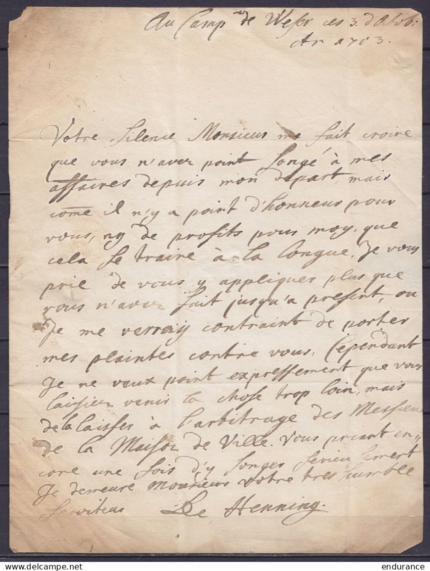 L. Datée 3 Octobre 1703 Du Camp De Wesel Pour Procureur Dans La Rue De Mont Piété à BRUXELLES - Port "3" - Concerne Le R - 1621-1713 (Países Bajos Españoles)