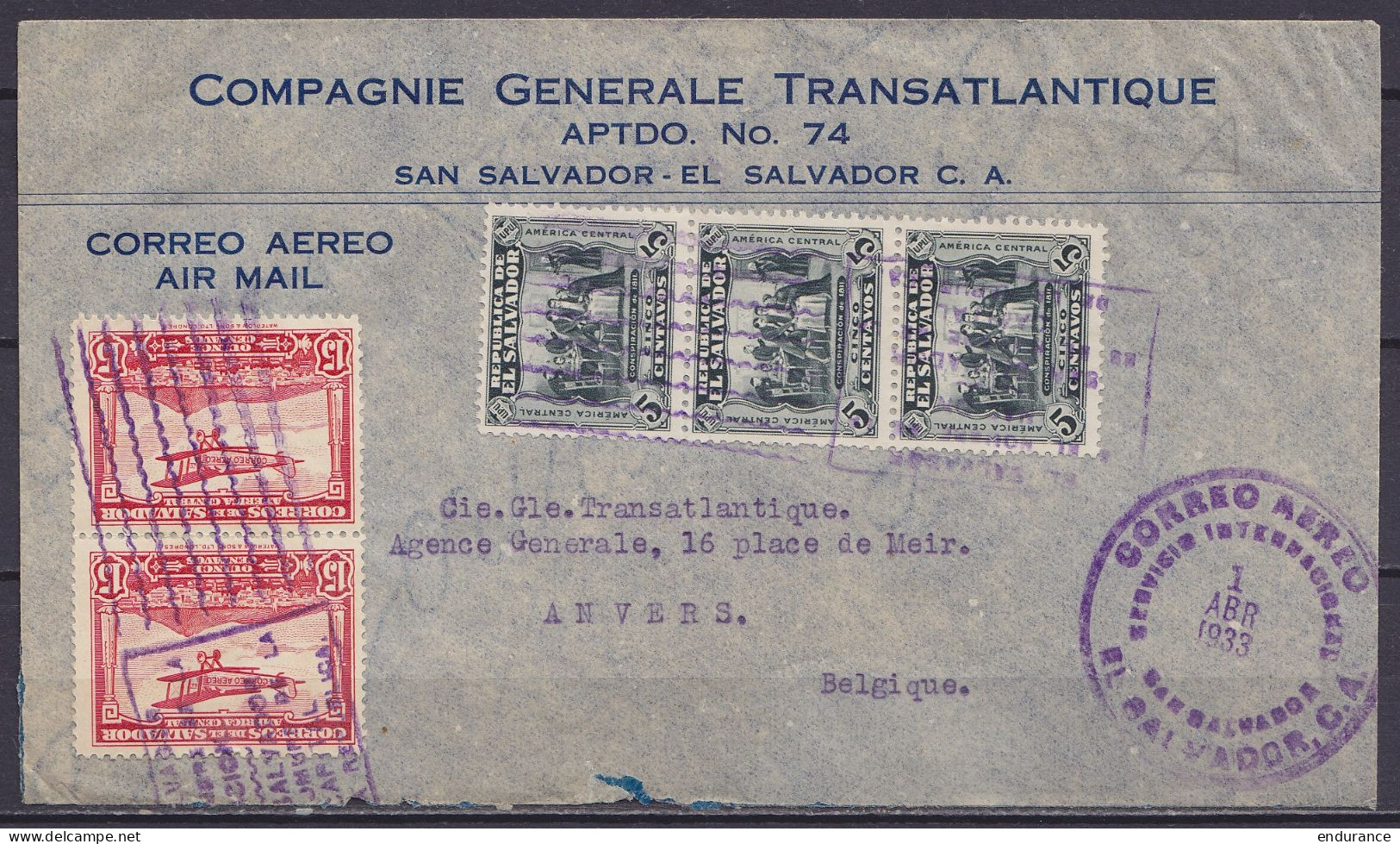 Salvador - L. "Compagnie Générale Transatlantique" Affr. 45c Annulé Par Flam. & Càd "CORREO AEREO / SERVICIO INTERNACION - El Salvador
