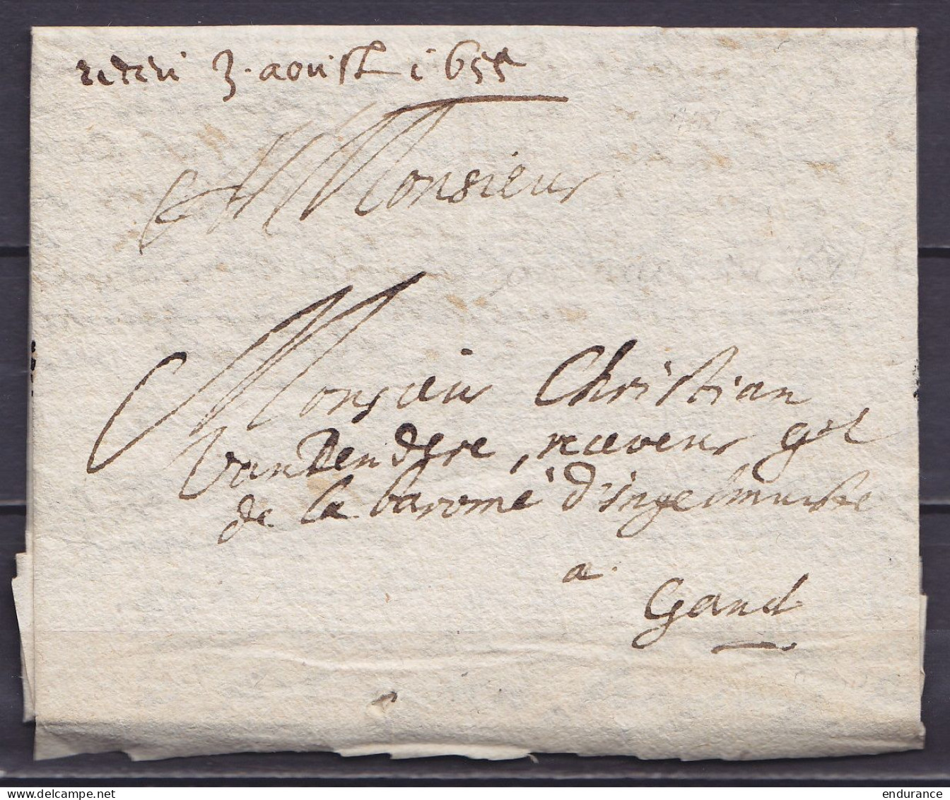 L. Datée 28 Juillet 1655 Du Camp De NEUFVILLE Pour Receveur De La Baronne D'Ingelmunster à GAND - Man. "reçu 3 Août 1655 - 1621-1713 (Paesi Bassi Spagnoli)