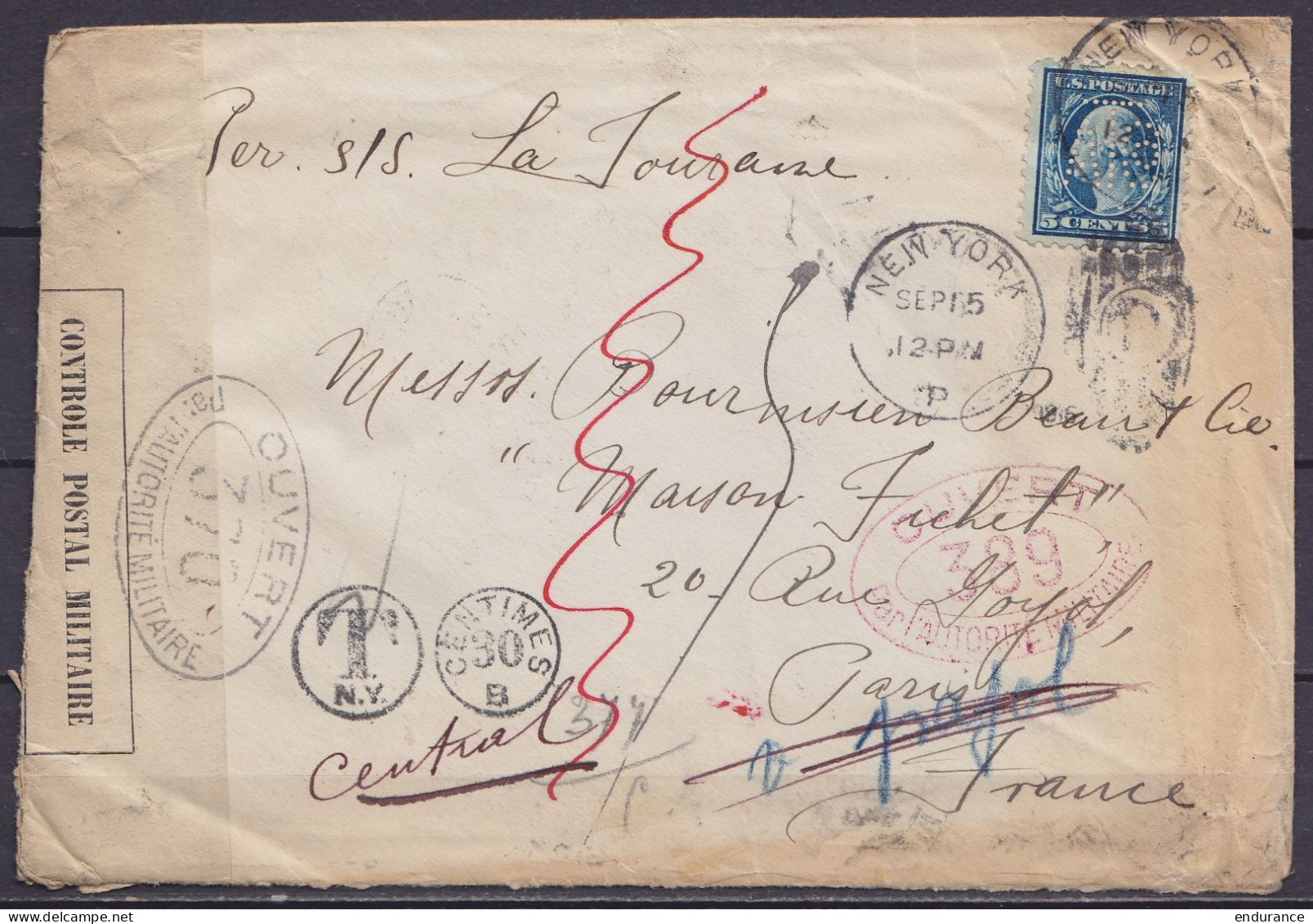 USA - L. Affr. N°171 (5c Bleu) Perforé ATCo Càd NEW YORK /SEP 15 1916 Pour PARIS Par Bateau "S/S. La Touraine" - Taxé 30 - Covers & Documents