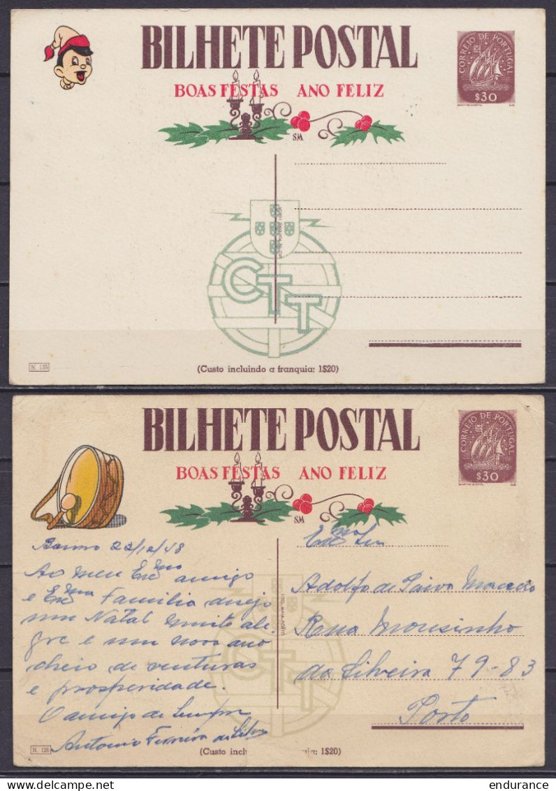 Portugal - Lot 2 EP CP De Vœux (Noël & Nouvel An) Bilhete Postal $30 - 1 Neuf + 1 Circulé Pour PORTO 1948 (illustrations - Entiers Postaux