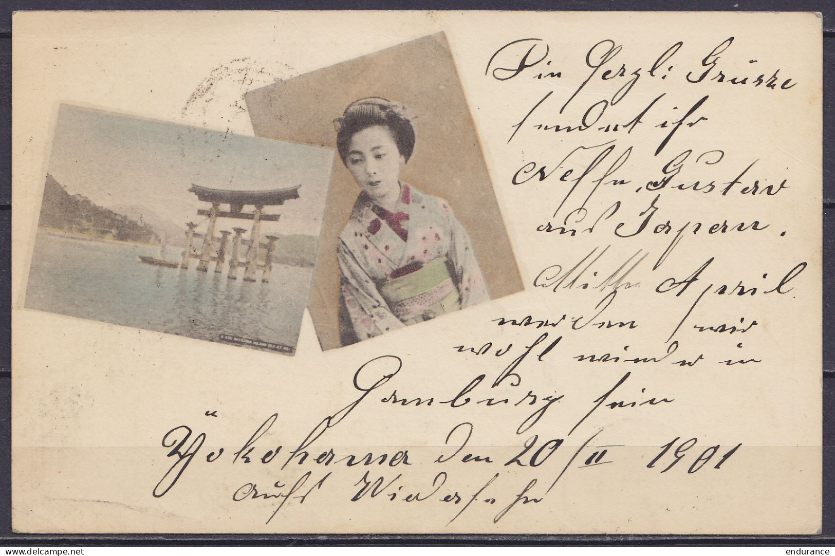 Japon - EP CP 5s (illustration Femme Japonaise & Temple Miyajima) Daté 20 II 1901 De YOKOHAMA Pour ERKNER-bei-BERLIN - Cartes Postales