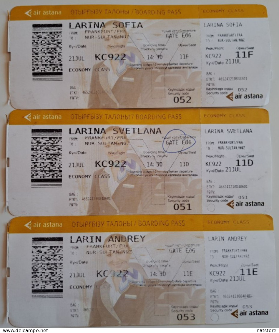 2023..  LOT OF 3 AIRPLANE TICKETS..AIR ASTANA..FRANKFURT-NUR-SULTAN - Tickets D'entrée