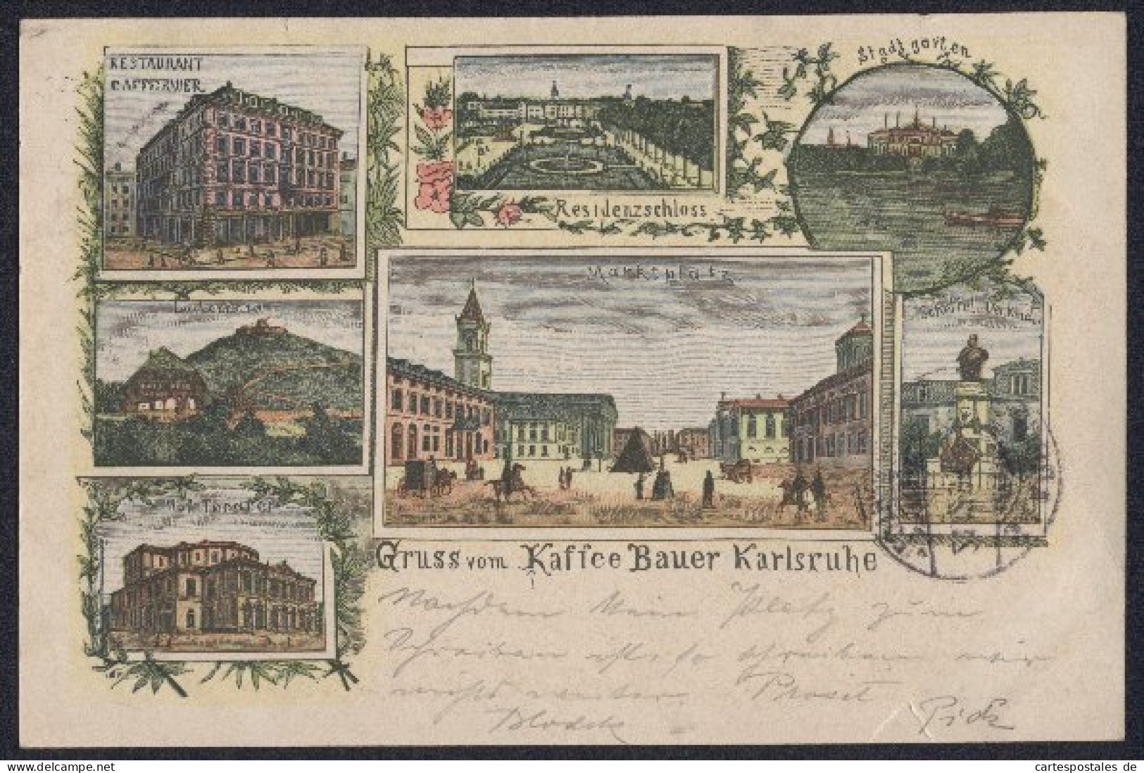 Vorläufer-Lithographie Karlsruhe, Kaffee Bauer, Marktplatz, Scheffel Denkmal 1895  - Karlsruhe