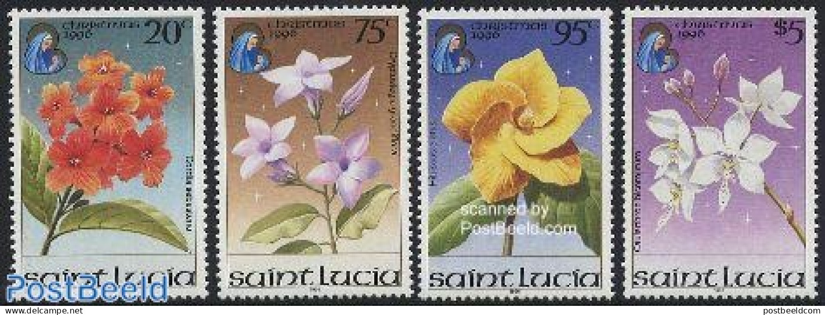 Saint Lucia 1996 Christmas, Flowers 4v, Mint NH, Nature - Flowers & Plants - St.Lucia (1979-...)