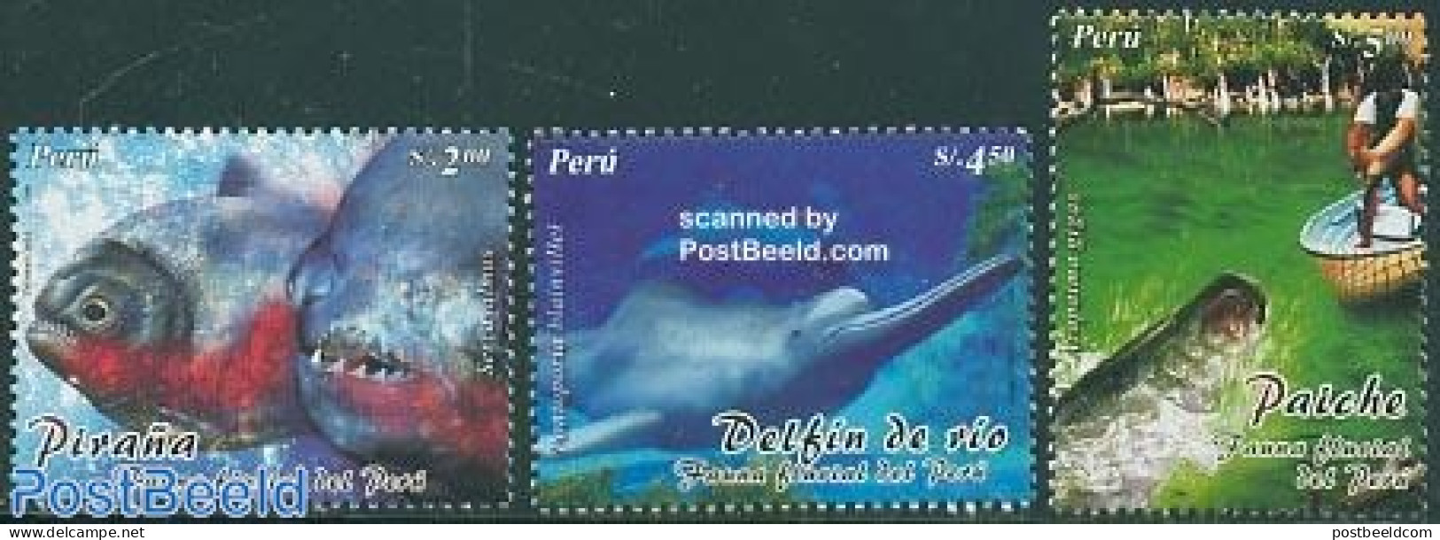 Peru 2004 Animals 3v, Mint NH, Nature - Transport - Fish - Sea Mammals - Ships And Boats - Peces