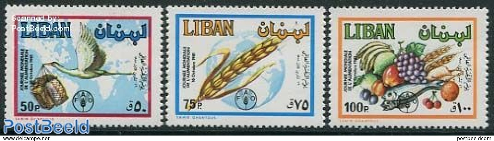 Lebanon 1982 World Food Day 3v, Mint NH, Health - Various - Fruit - Agriculture - Fruits