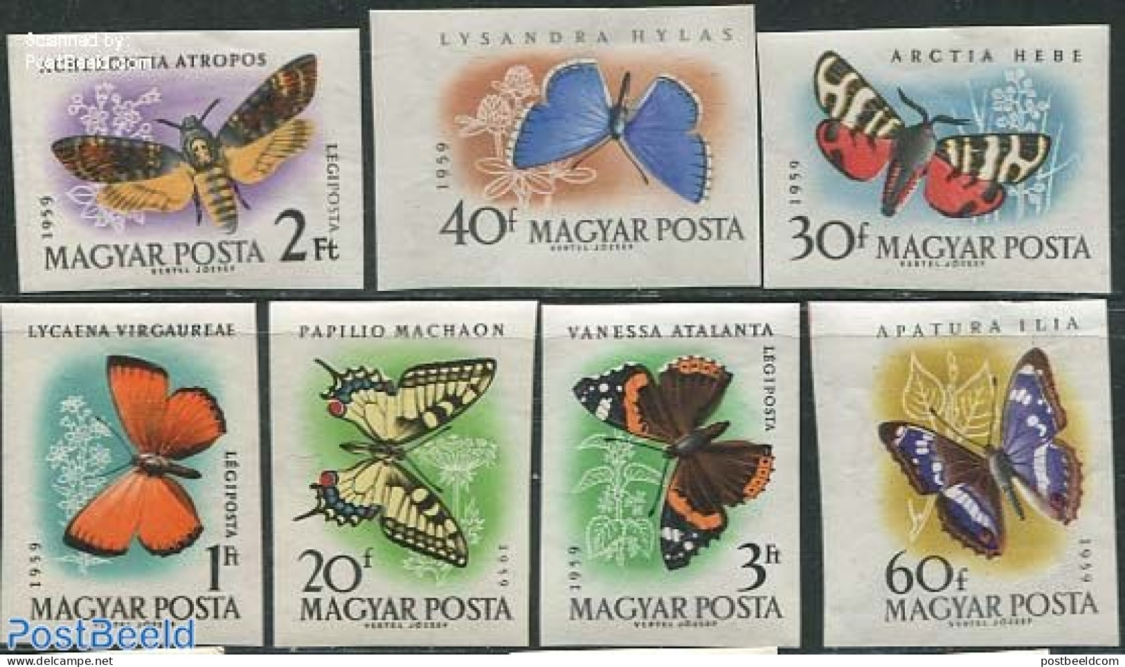 Hungary 1959 Butterflies 7v Imperforated, Mint NH, Nature - Butterflies - Unused Stamps