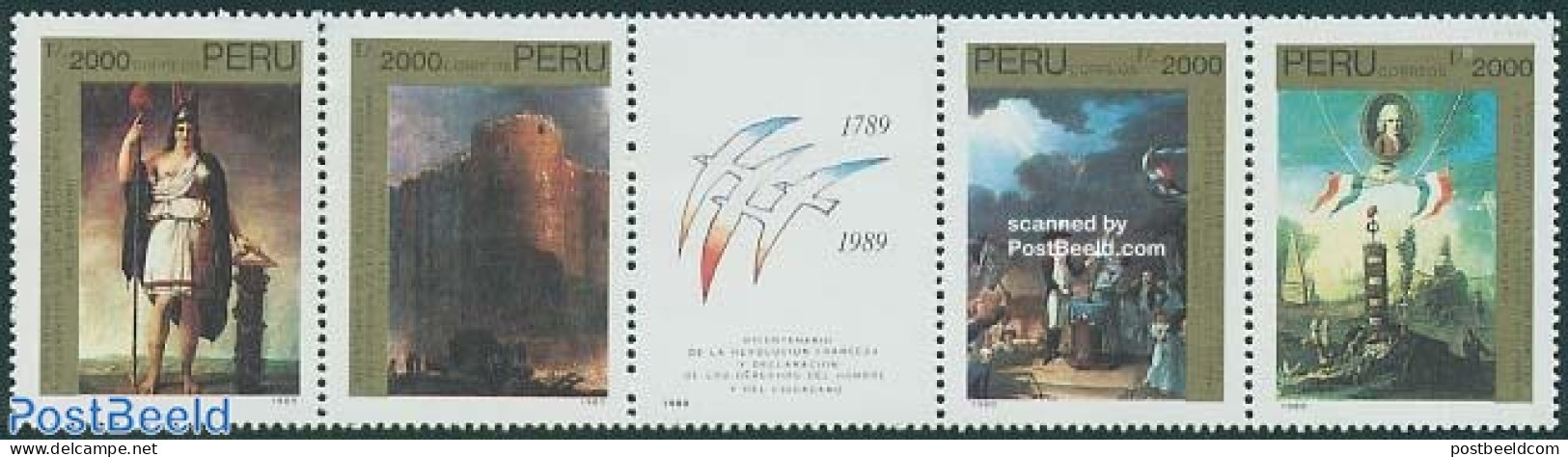 Peru 1990 French Revolution 4v+tab [::::], Mint NH, History - History - Art - Castles & Fortifications - Paintings - Castelli