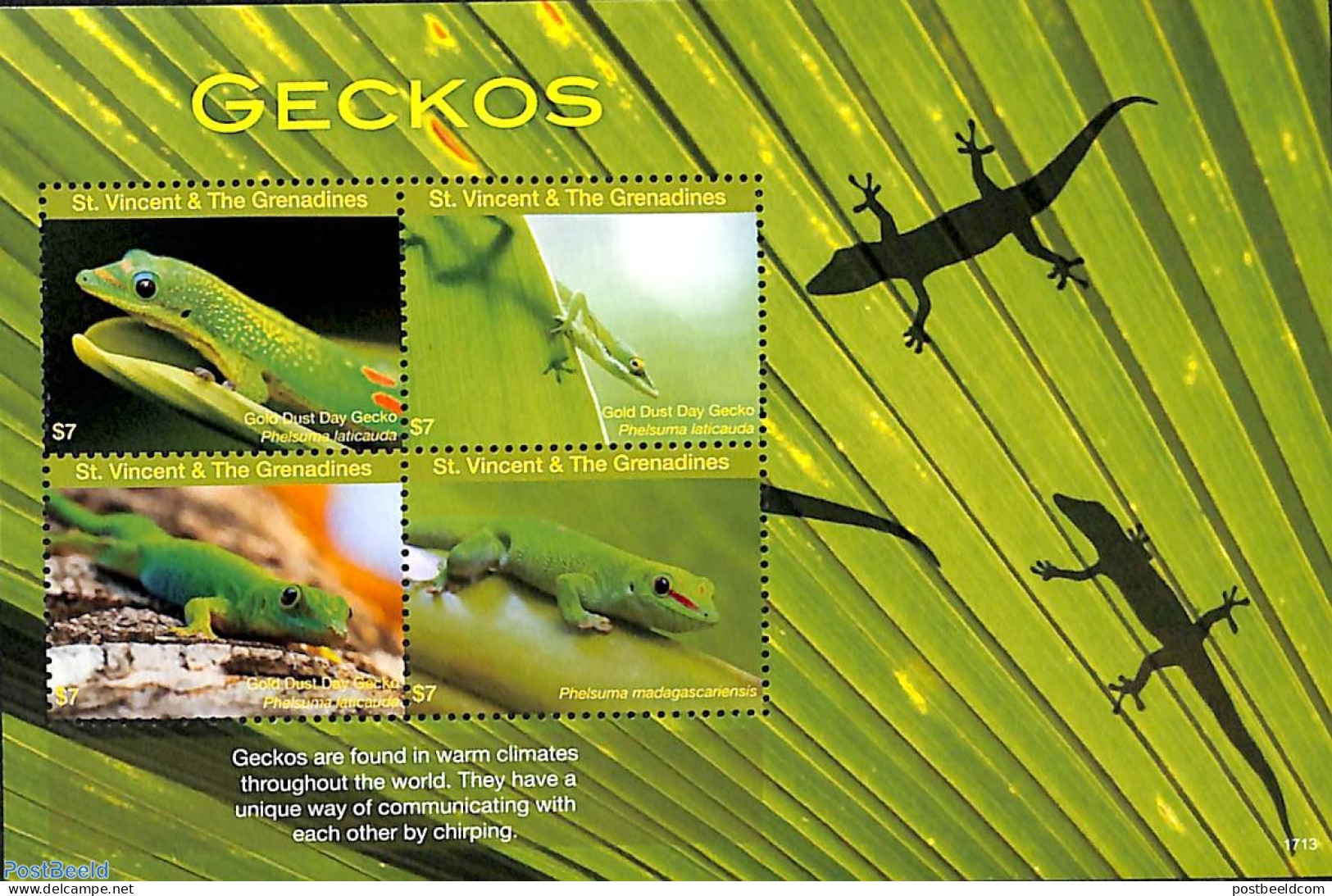 Saint Vincent 2017 Geckos 4v M/s, Mint NH, Nature - Reptiles - St.Vincent (1979-...)