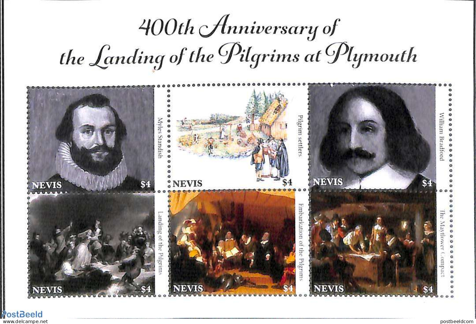 Nevis 2020 Arrival Of Pilgrims In Plymouth 6v M/s, Mint NH, History - Religion - History - Religion - St.Kitts-et-Nevis ( 1983-...)