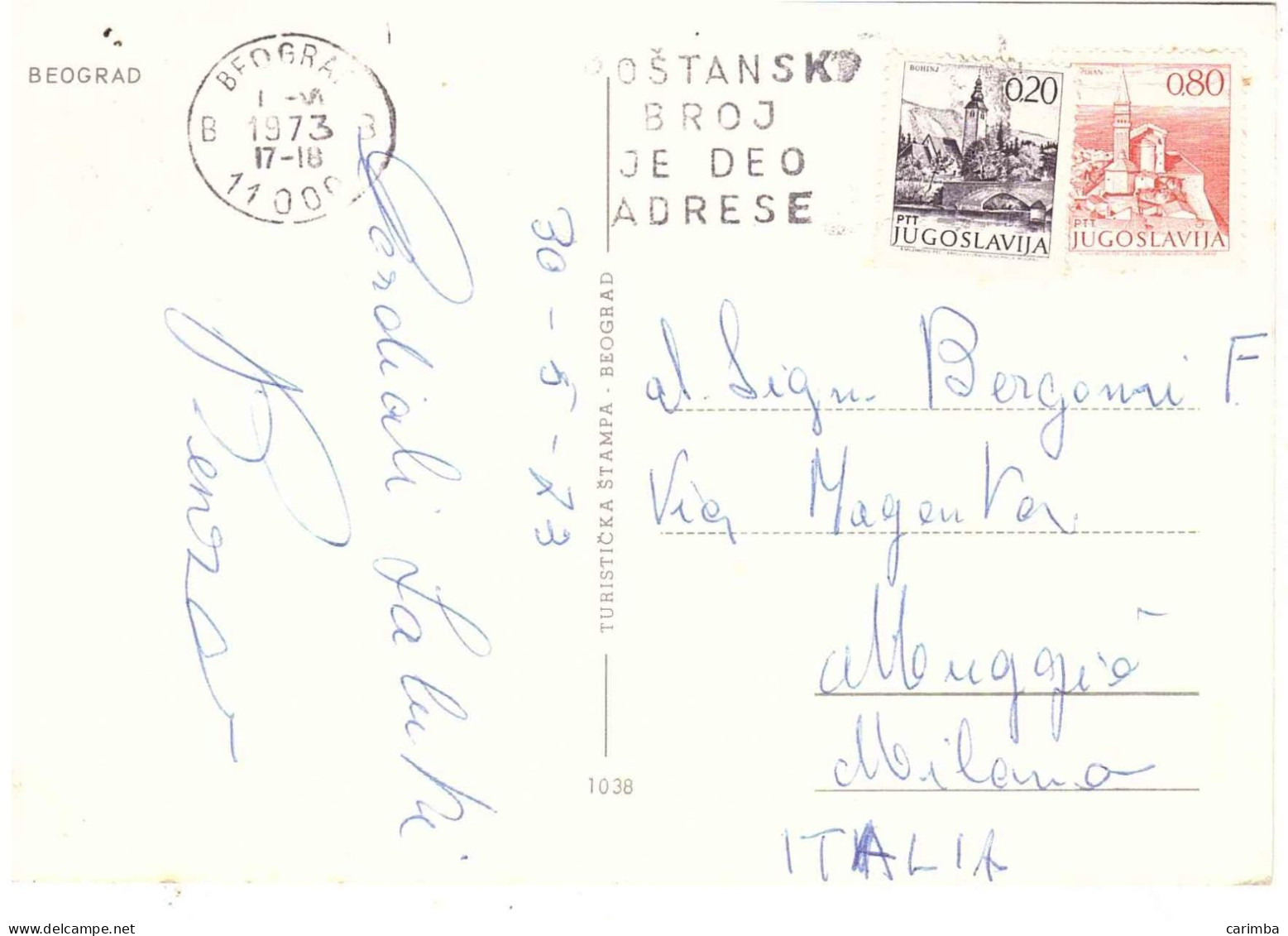 JUGOSLAVIA CARTOLINA PER ITALIA CON ANNULLO TARGHETTA - Storia Postale