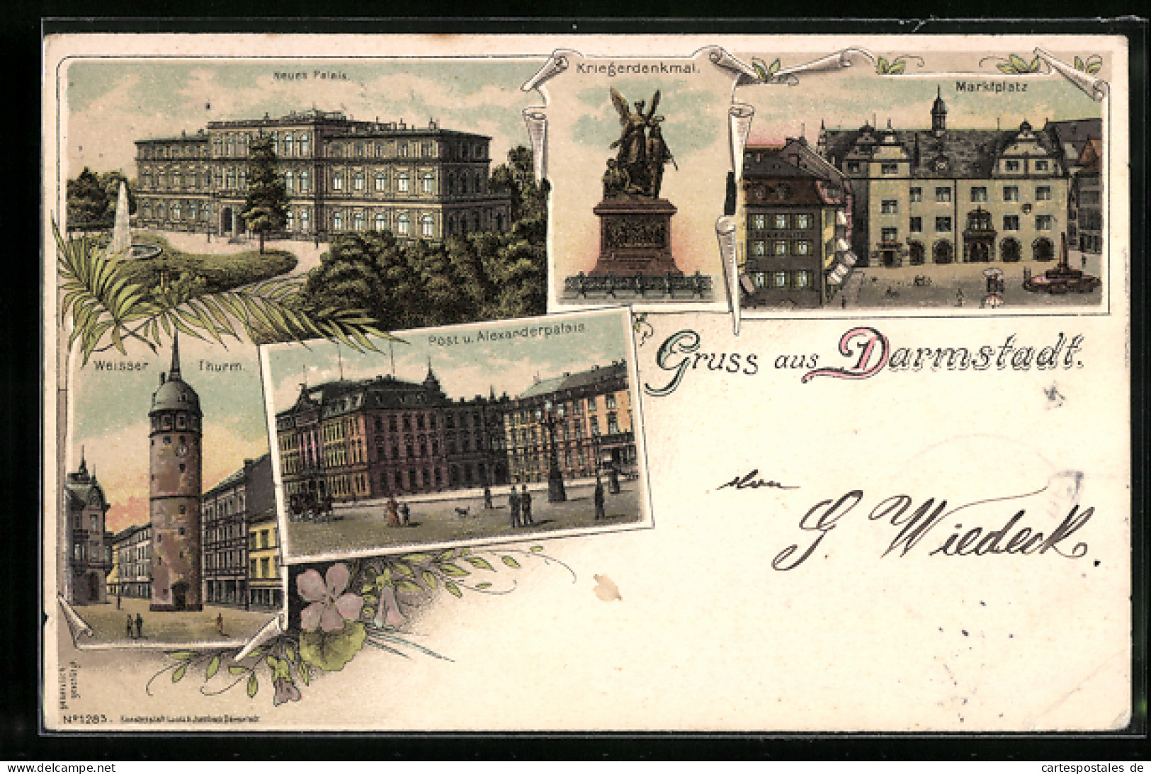 Lithographie Darmstadt, Neus Palais, Post U. Alexanderpalais, Weisser Turm  - Darmstadt