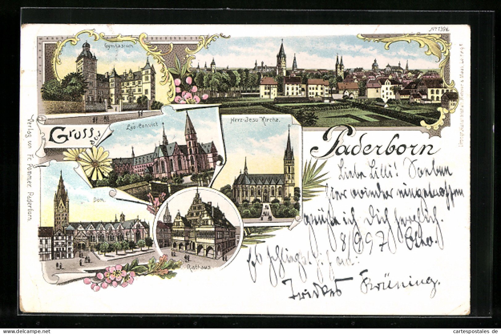 Lithographie Paderborn, Gymnasium, Herz-Jesu-Kirche, Leo-Convict  - Paderborn