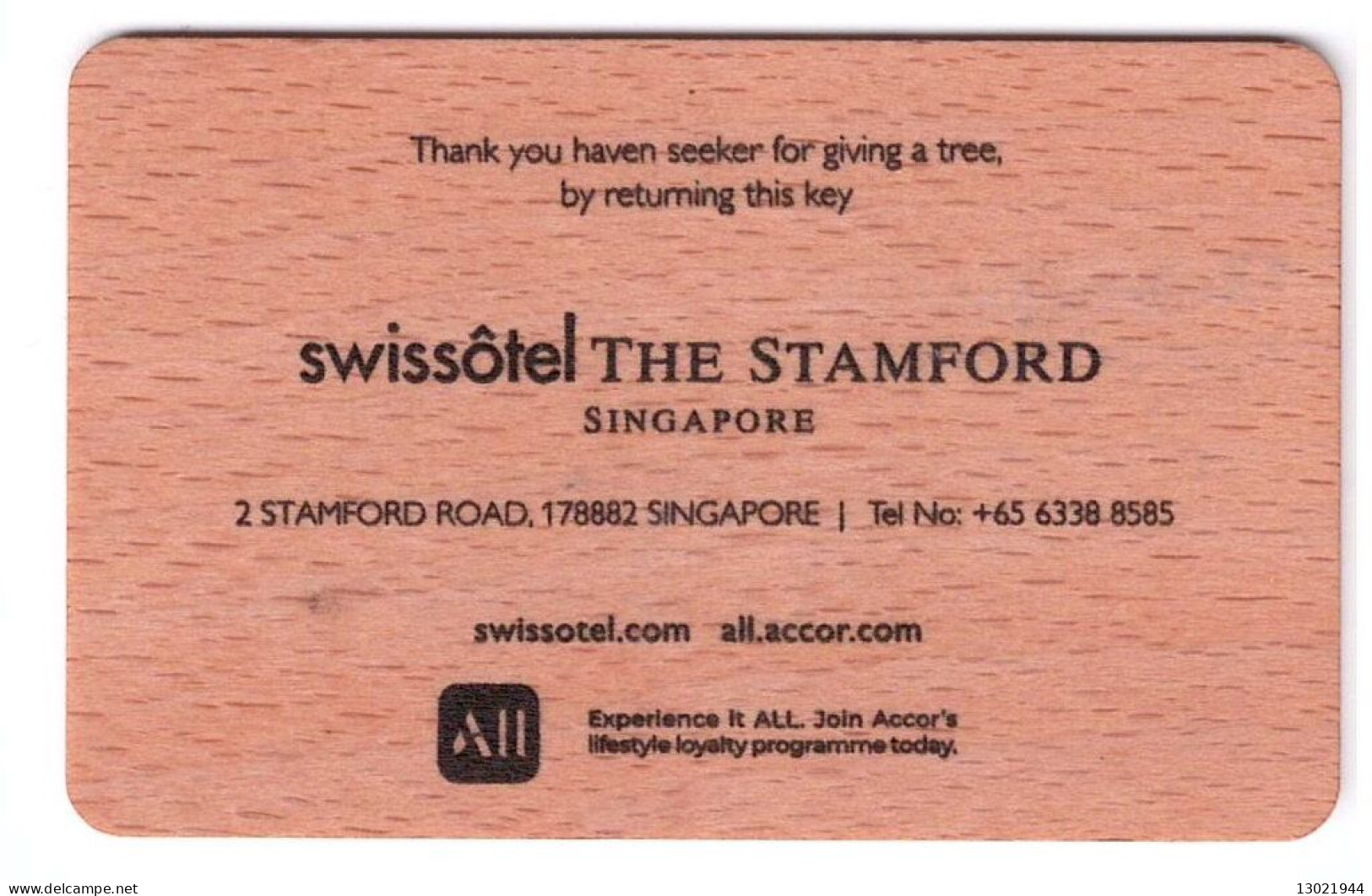 SINGAPORE KEY HOTEL  Swissotel The Stamford Singapore -     Wooden Card. - Hotelkarten