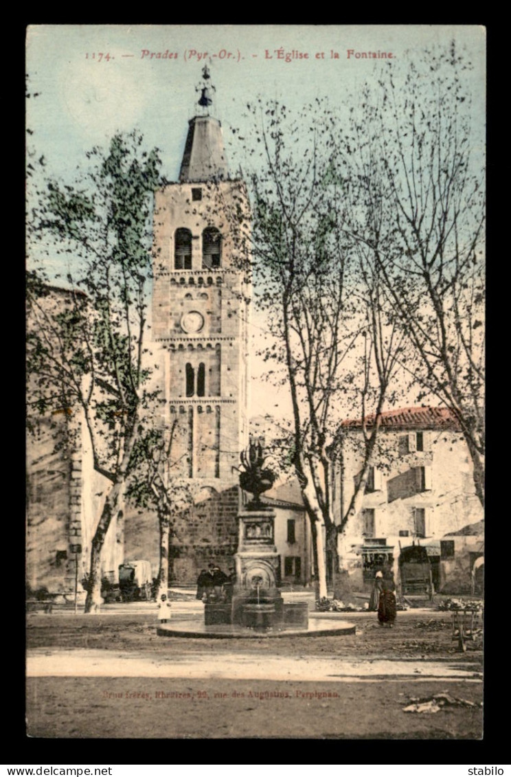 66 - PRADES - L'EGLISE ET LA FONTAINE - CARTE COLORISEE - Prades