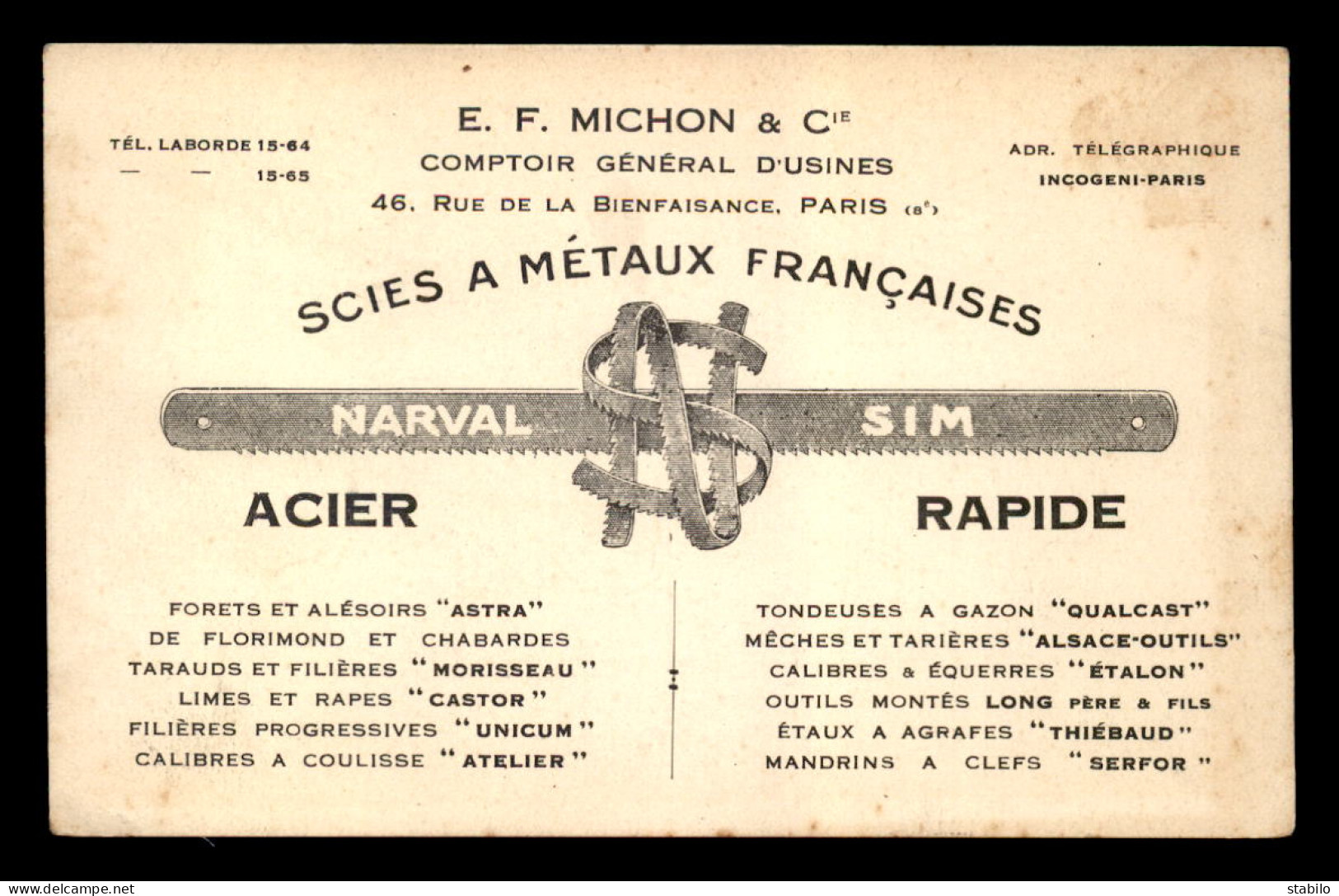 75 - PARIS 8EME - CARTE DE SERVICE - E.F. MICHON & CIE, SCIES A METAUX FRANCAISES - Arrondissement: 08