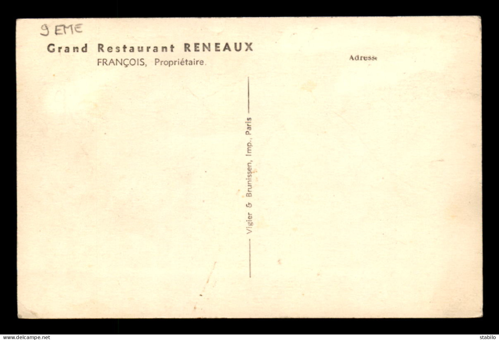 75 - PARIS 9EME - GRAND RESTAURANT RENEAUX, 166 BOULEVARD MAGENTA  - FRANCOIS PROPRIETAIRE - CHAISES THONET - Arrondissement: 09