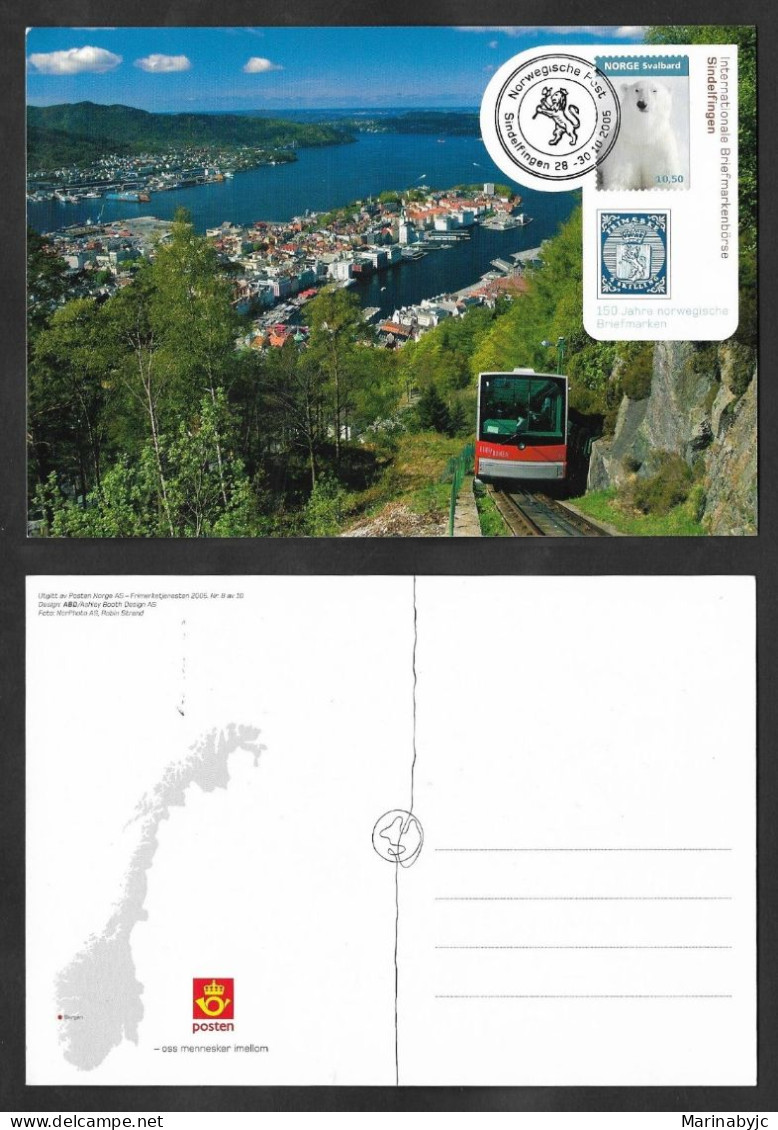 SE)2005 NORWAY, POSTCARD TRAIN, VIEW OF THE CITY OF BERGEN WITH ELEVATOR IN NORWAY, 150° YEARS OF NORWEGIAN STAMPS, POLA - Gebruikt