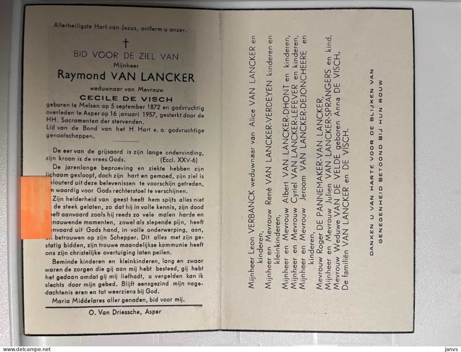 Devotie DP -  Overlijden Raymond Van Lancker Wwe De Visch - Melsen 1872 - Asper 1957 - Esquela