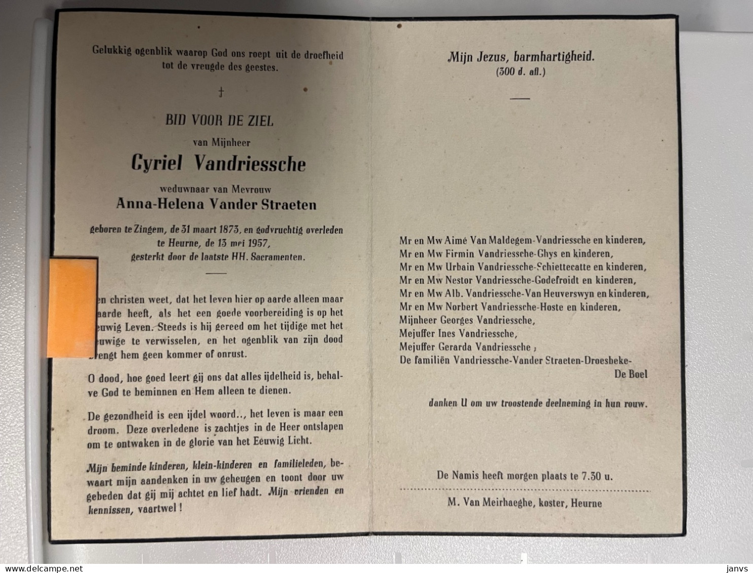 Devotie DP -  Overlijden Cyriel Vandriessche Wwe Vander Straeten - Zingem 1873 - Heurne 1957 - Esquela