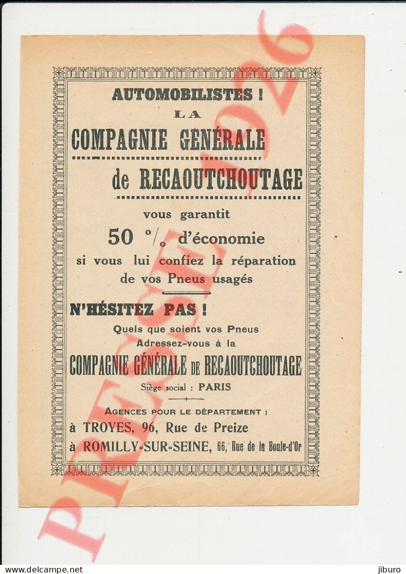 Publicité 1926 Compagnie Générale De Recaoutchoutage Troyes Romilly-sur-Seine Pneus Usagés + Jorry-Prieur 250/42 - Ohne Zuordnung