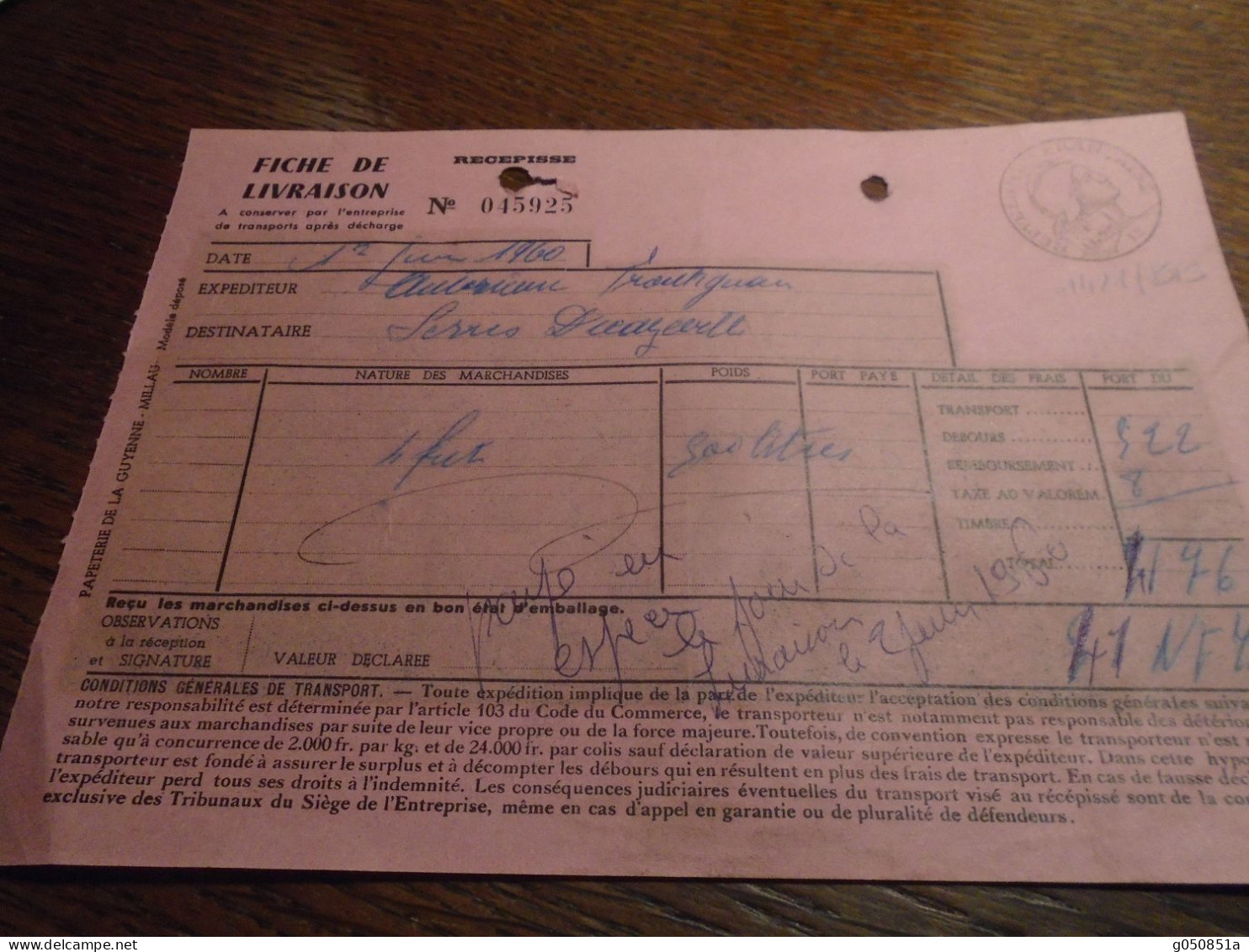 1960 - HERAULT ( Frontignan) Pour AVEYRON Decazeville ) OBL / NOIRE + TAMPON FISCAL  A  0,25 Nouveau/ Frs +(12) - Lettres & Documents