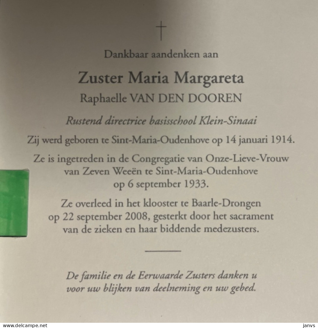 Devotie DP -  Overlijden Zuster Maria - Van Den Dooren - Sint-Maria-Oudenhove 1914 - Baarle-Drongen 2008 - Overlijden