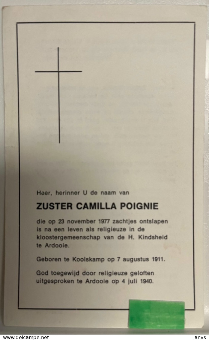 Devotie DP -  Overlijden Zuster Camilla Poignie - Koolskamp 1911 - Ardooie 1977 - Overlijden