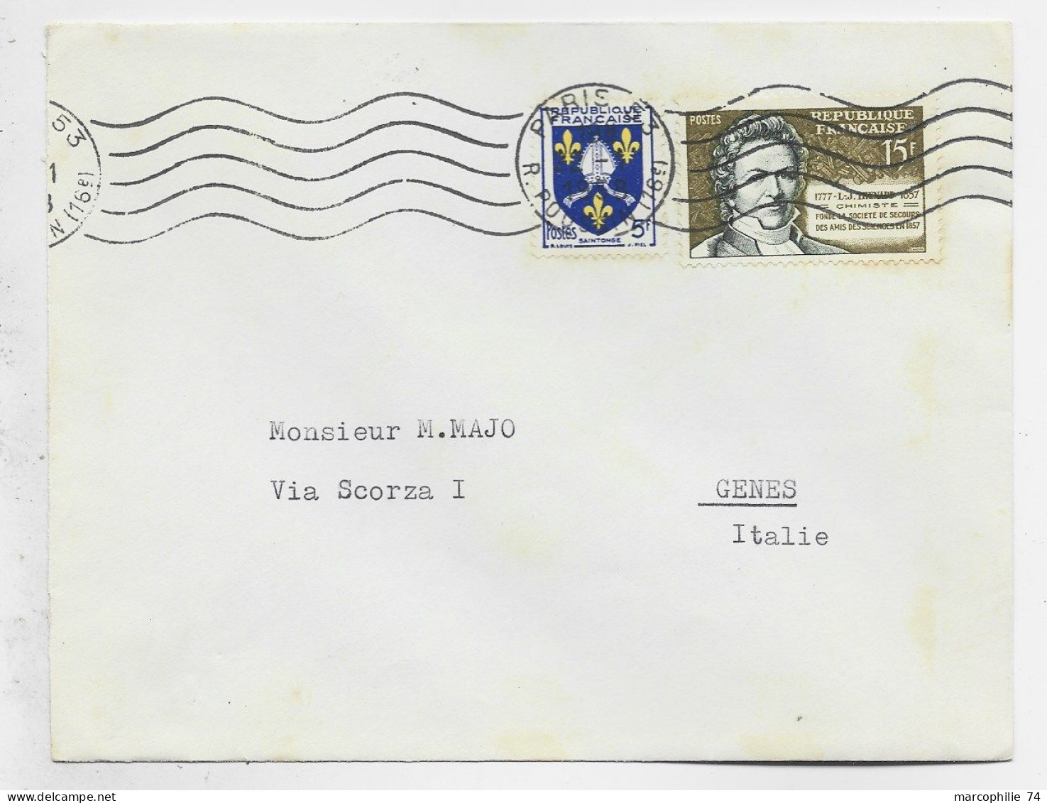 BLASON 5FR SAINTONGE +15FR LETTRE PARIS 83 22.1.1958 POUR ITALIE TARF SPECIAL ITALIE - 1941-66 Armoiries Et Blasons