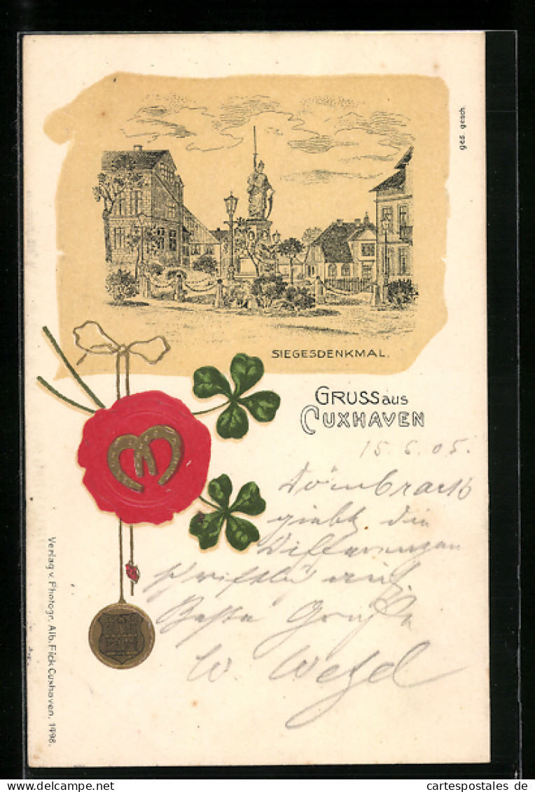Lithographie Cuxhaven, Siegesdenkmal, Siegel Mit Glücksbringern  - Cuxhaven