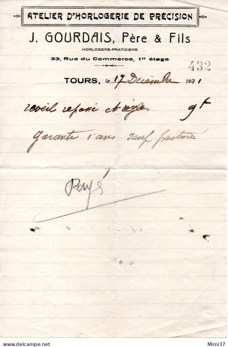 TOURS 37 FACTURE HORLOGERIE DE PRECISION J. GOURDAIS PERE ET FILS 33 RUE DU COMMERCE DECEMBRE 1931 - 1900 – 1949