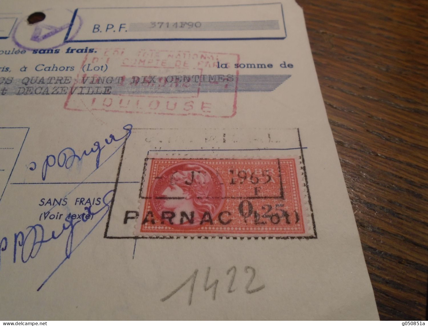 1965-LOT ( Parnac) Pour AVEYRON( Decazeville) Lettre De Change Avec TP/ FISCAL  N° 364 +3 Photos - Lettres & Documents