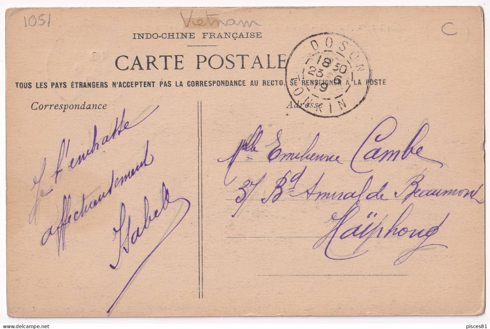 1919 Indochine Picture Postcard - Lettres & Documents