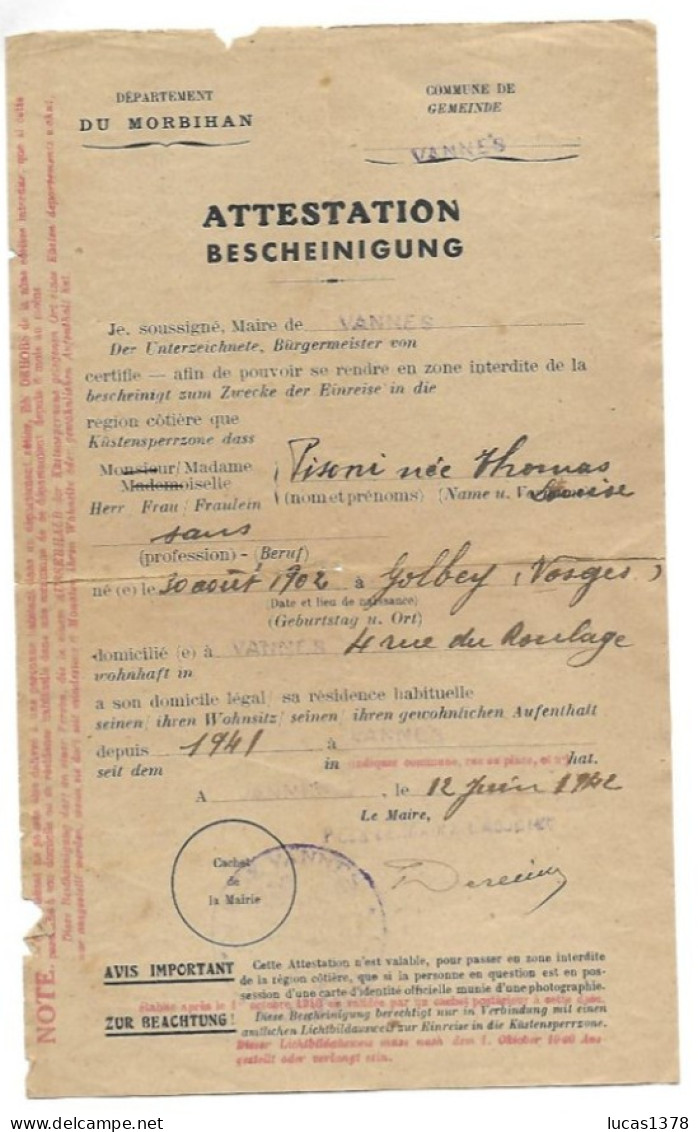 MORBIHAN / VANNES 1941 / ATTESTATION POUR SE RENDRE EN ZONE INTERDITE / FRANCAIS ALLEMAND / RARE - 1939-45