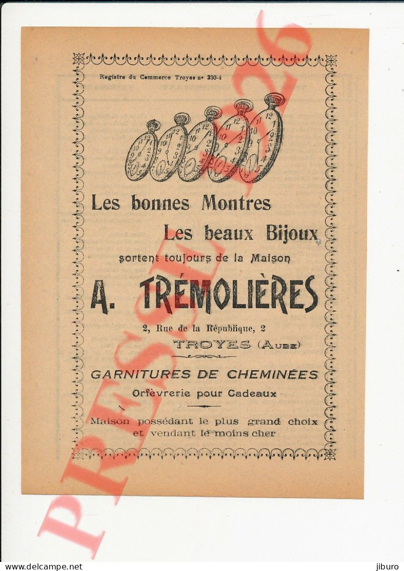 Publicité 1926 Montres Trémolières (Horlogerie-Bijouterie) Troyes 250/42 - Unclassified