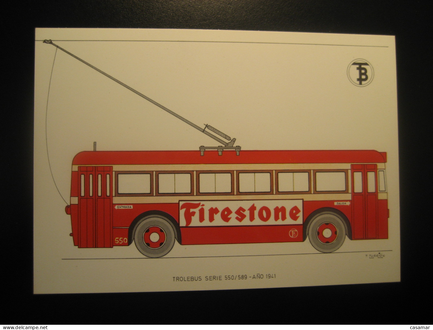 TROLEBUS 1941 Advertising FIRESTONE Trolley Bus Coach Autobus Postcard SPAIN Barcelona TB - Autobús & Autocar