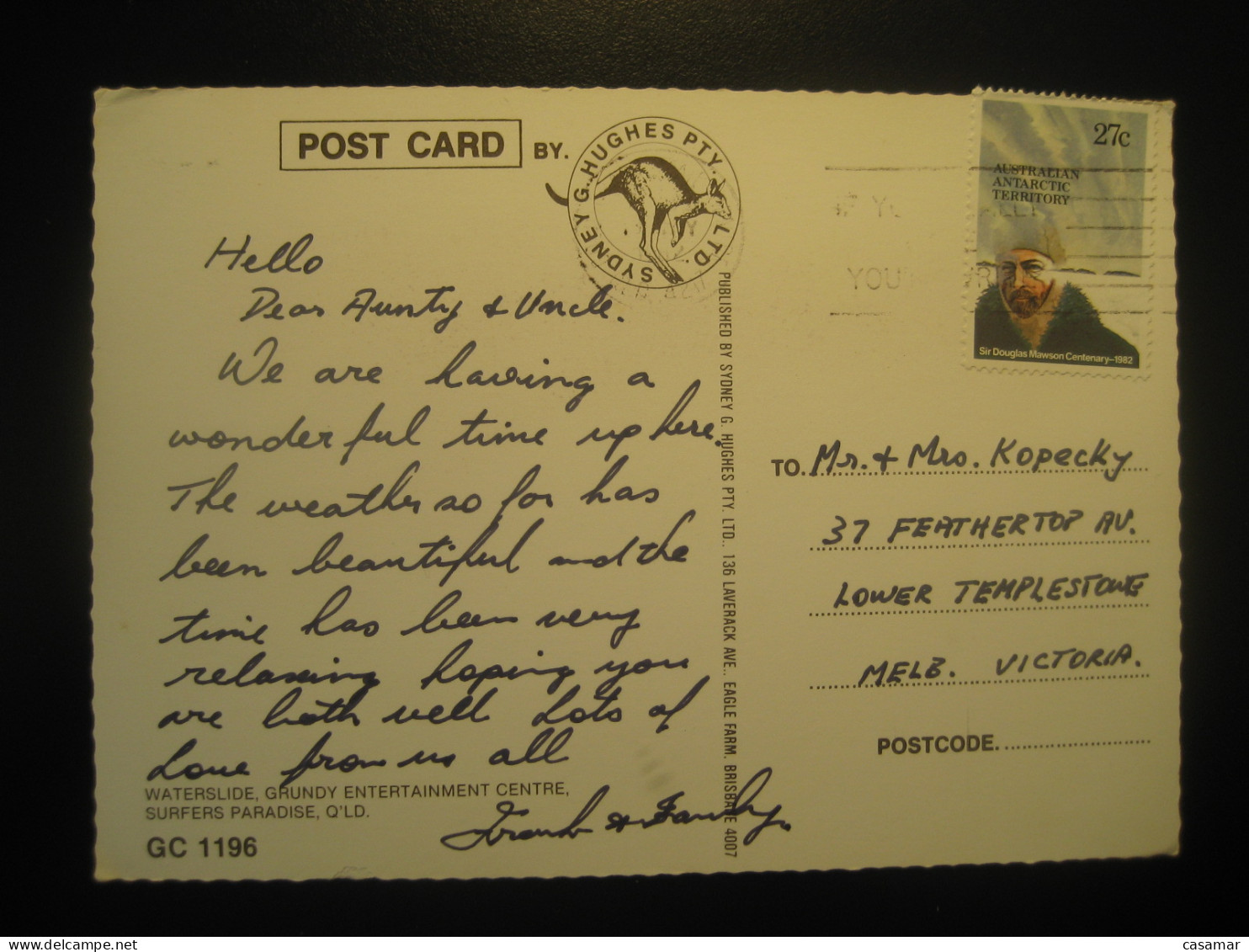 1982 Douglas Mawson Cancel Waterslide Grundy Surf Surfer Card AAT Australian Antarctic Territory Antarctics Antarctica - Brieven En Documenten