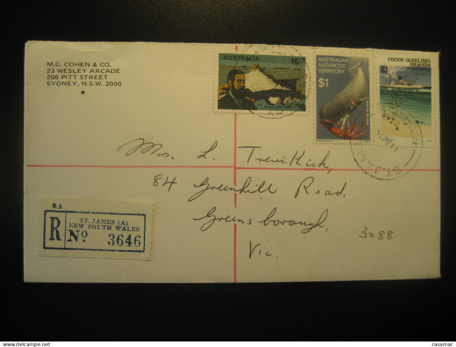 ST. JAMES 1976 To Greensborough Sperm Whale Registered Cover AAT Australian Antarctic Territory Antarctics Antarctica - Lettres & Documents