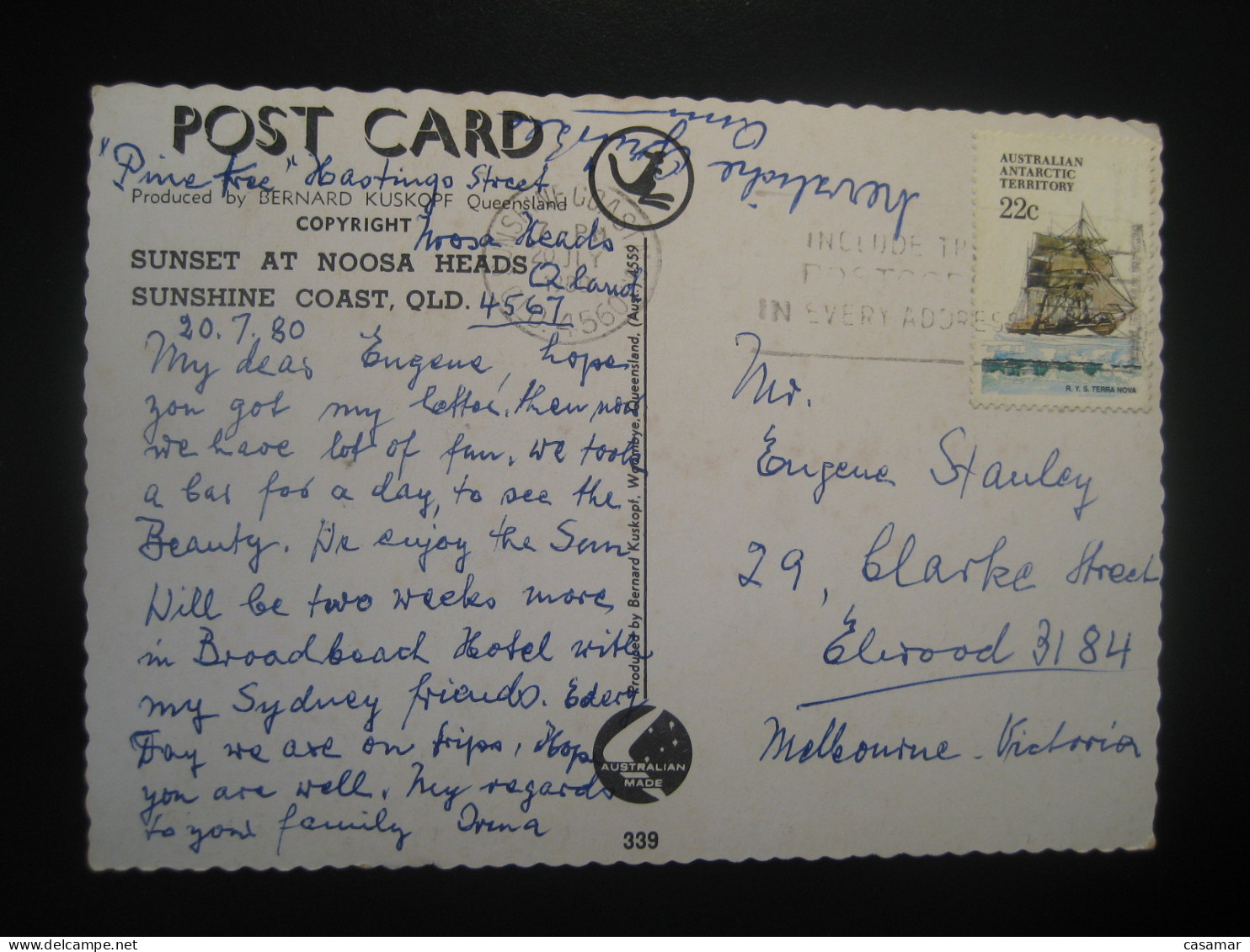 SUNSHINE Coast 1980 RYS. Terra Nova Ship Cancel Card AAT Australian Antarctic Territory Antarctiqu Antarctica Australia - Lettres & Documents