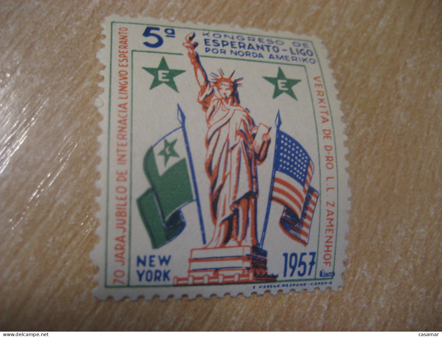 NEW YORK 1957 Esperanto Liberty Statue Flag Zamenhof Perforated Poster Stamp Vignette USA Flags Label - Esperanto