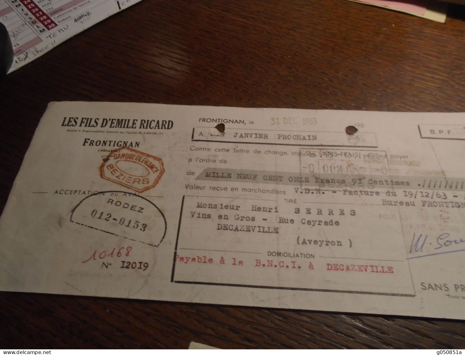 1963- HERAULT ( Frontignan)  Pour AVEYRON( Decazeville) Lettre De Change Avec TP/ FISCAL  N° 349 +3 Photos - Lettres & Documents