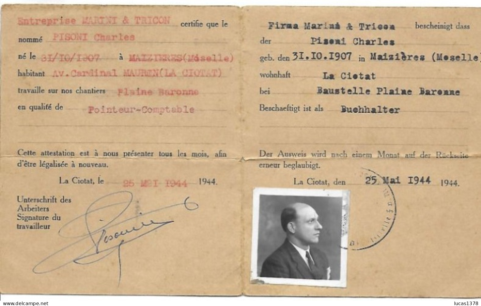 LA CIOTAT / RARE ATTESTATION DE TRAVAIL / AUSWEIS / CACHETS NAZI / 1944 - 1939-45