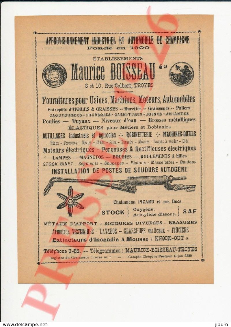 Publicité 1926 Maurice Boisseau Rue Colbert Troyes Postes De Soudure Autogène Chalumeau Picard 250/42 - Non Classés