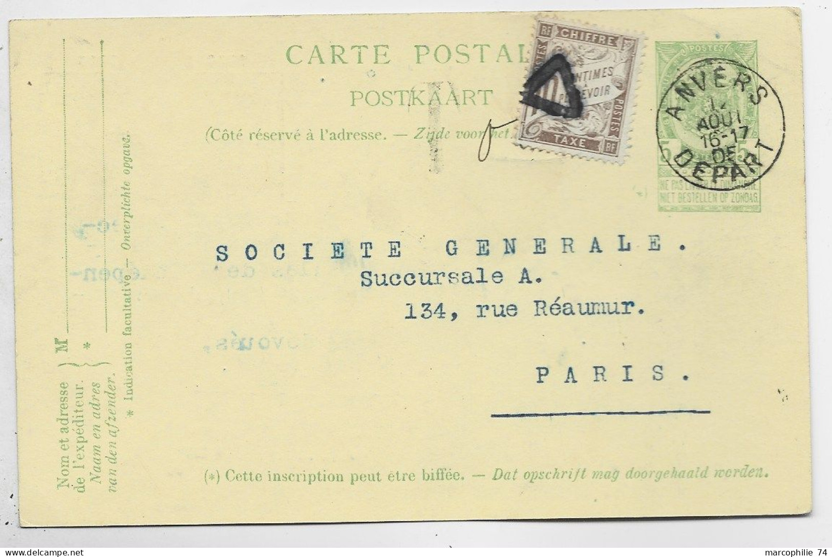FRANCE TAXE 10C TRIANGLE DE PARIS SUR ENTIER BELGE 5C PUB + VERSO ANVERS DEPART 1905 - 1859-1959 Covers & Documents